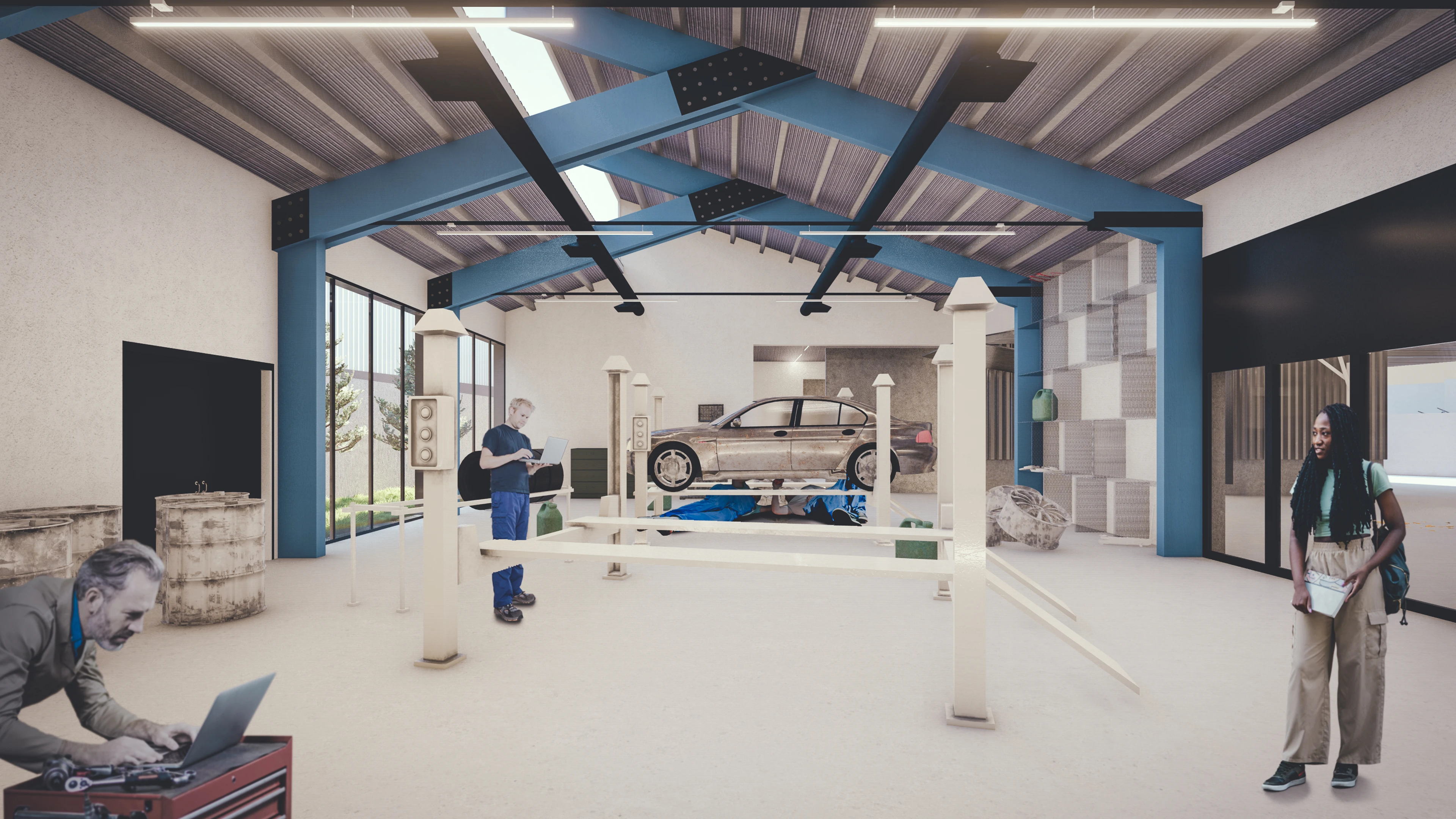 Render interior de taller mecánico con vehículos en elevadores y personas trabajando.